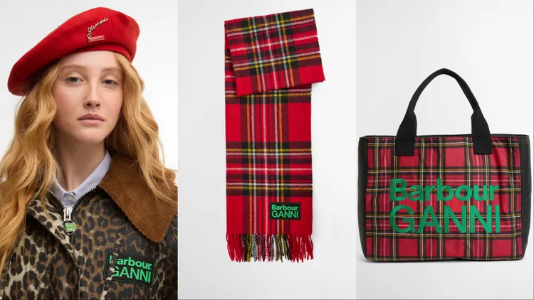 Barbour x GANNI羊毛貝雷帽（左起）4400元、格紋羊毛圍巾5200元、油布托特包8800元。品牌提供