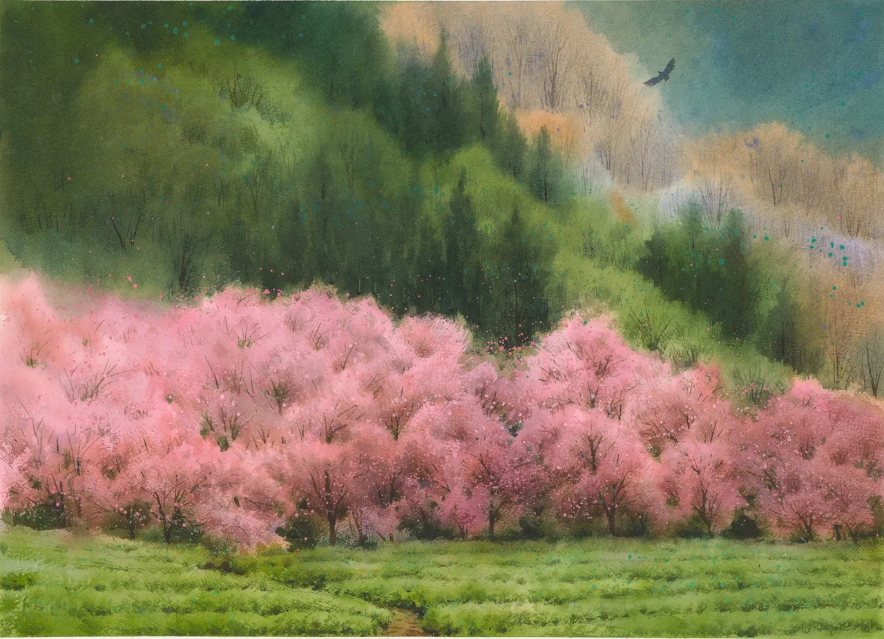 北投晶泉丰旅 2026第一季驻村艺术「晶彩．印记」特展，作品「春晨翔鹰」以层叠晕染笔触描绘台湾山林晨雾与光影流转，呈现自然与旅宿交织的静谧记忆。晶泉丰旅提供