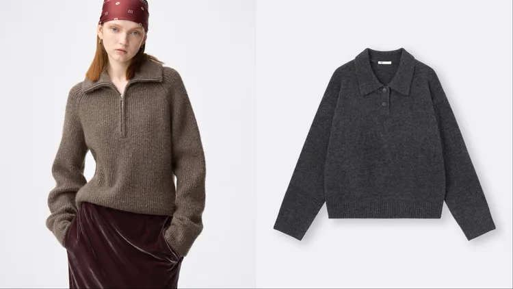 GU女裝混紡半拉鍊針織休閒上衣（左）、PUFF蓬鬆柔軟針織polo衫（右），新價格各590元。品牌提供