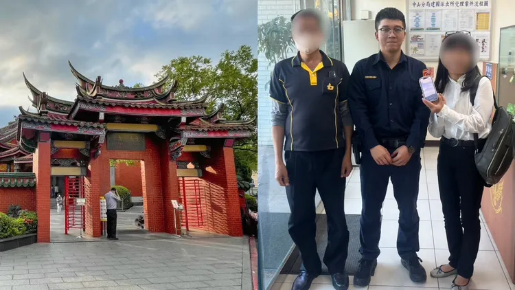 日籍女游客(右图右1)到北市行天宫观光不慎将手机掉在计程车上，中山分局警员1小时找到计程车司机(右图左1)将遗失物送回。翻摄画面