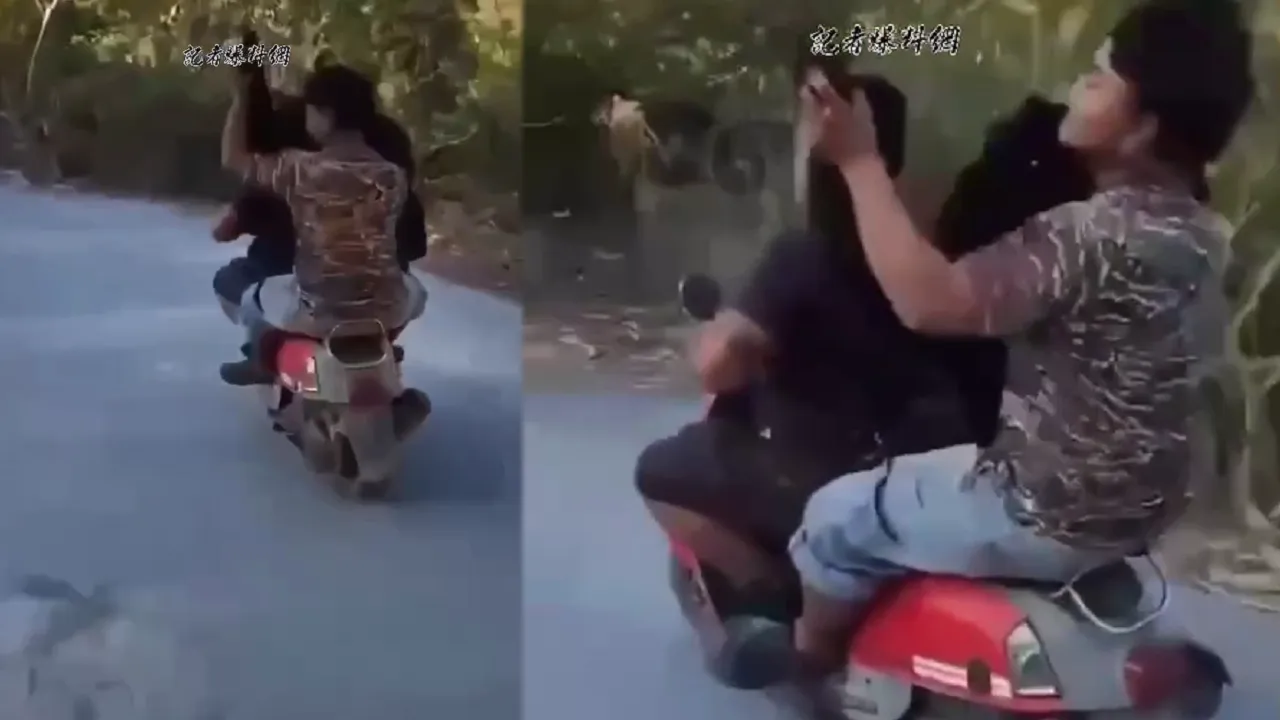 猎人骑机车载遭猎杀黑熊游街炫耀。取自记者爆料网　资照