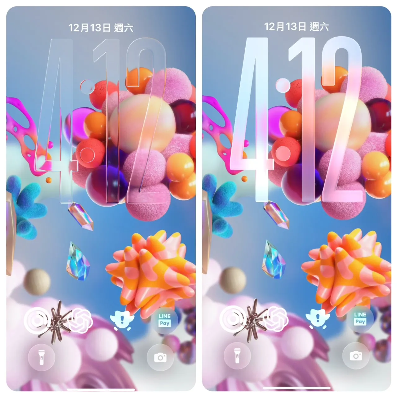 iOS 26.2能让用户依桌布与使用情境微调Liquid Glass通透程度，在设计感与可读性之间取得平衡。左图为锁定画面时钟透明度调至最高的显示效果，右图则为降低透明度后的呈现。翻摄iPhone画面