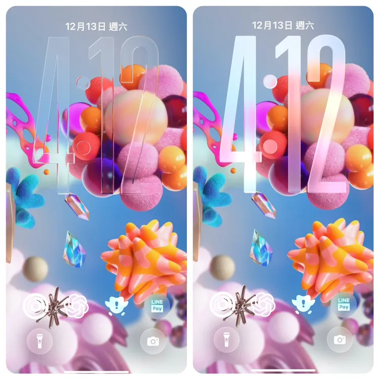 iOS 26.2能讓用戶依桌布與使用情境微調Liquid Glass通透程度，在設計感與可讀性之間取得平衡。左圖為鎖定畫面時鐘透明度調至最高的顯示效果，右圖則為降低透明度後的呈現。翻攝iPhone畫面