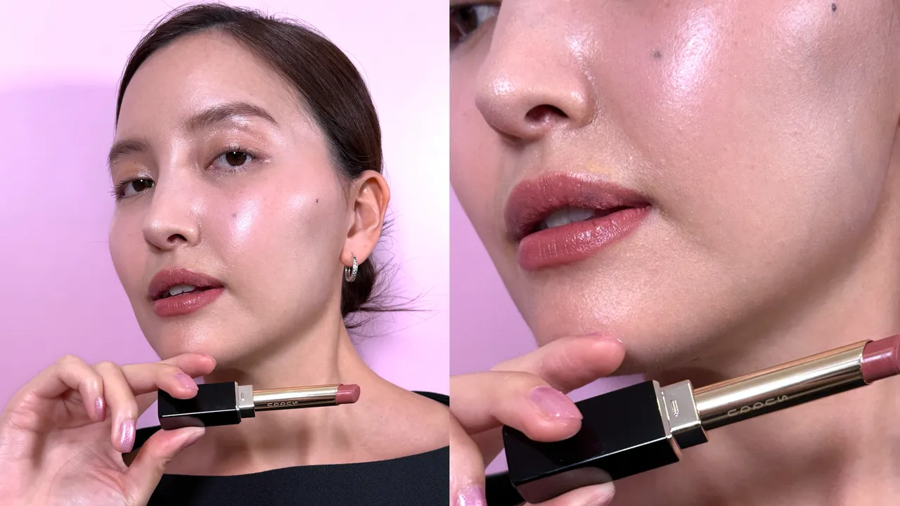 Model示范SUQQU晶采丝绒唇膏。张家玲摄