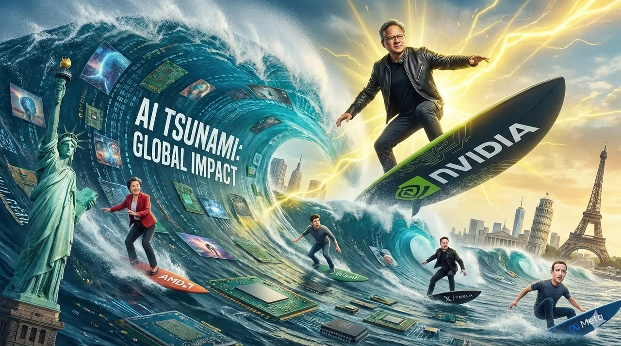 在AI海啸中，黄仁勋独居浪头。AI示意图