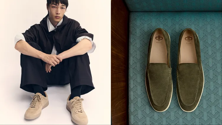 男士鞋款以雕塑感結構、柔軟麂皮呈現。品牌提供
