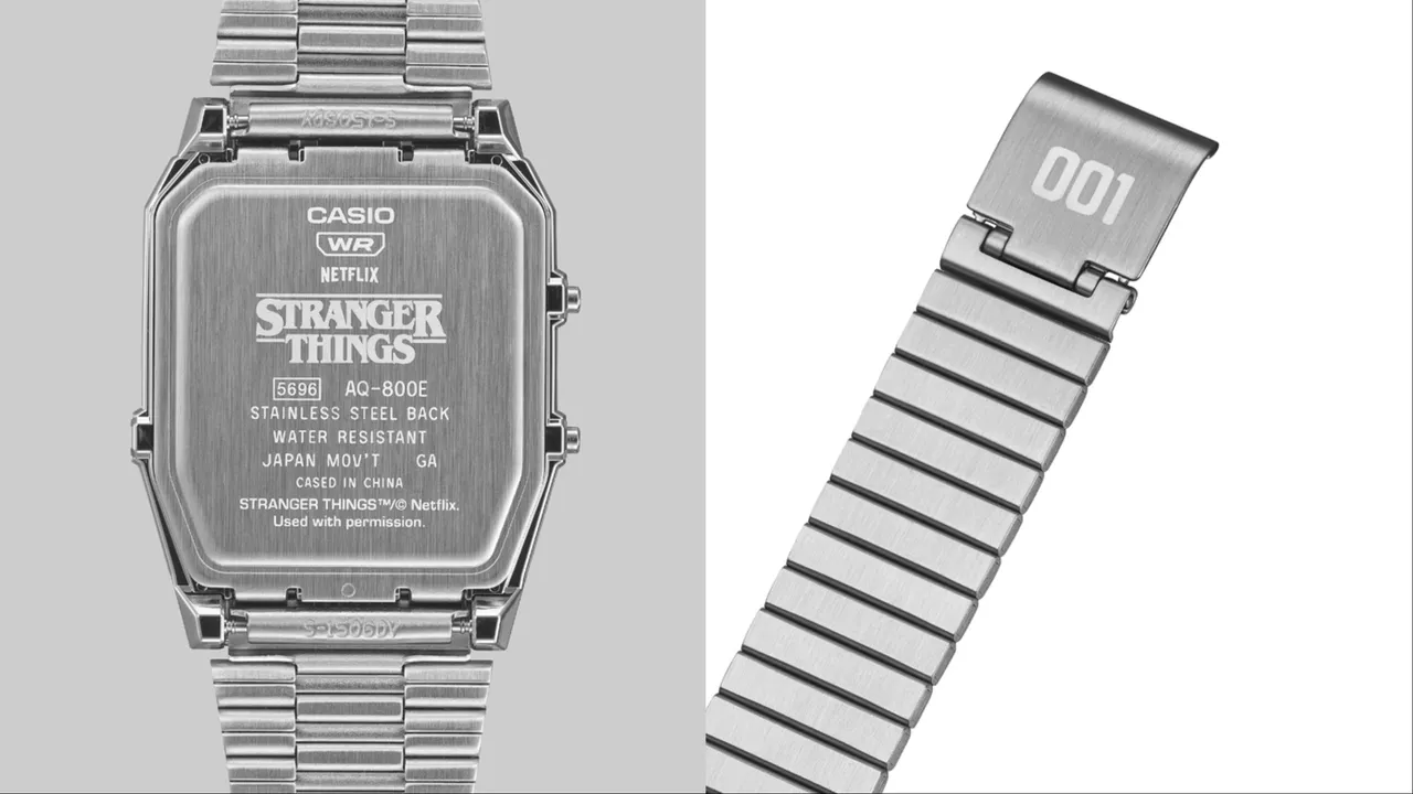 AQ-800EST表贝印有《怪奇物语》logo，表带扣的「001」字样则象征威可那在剧中的纹身。品牌提供