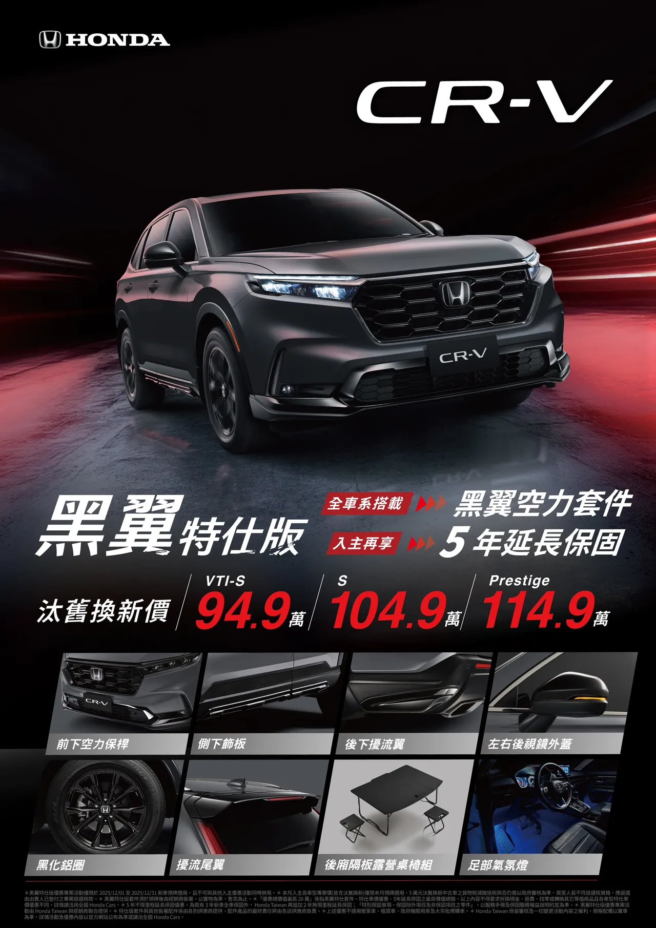 Honda CR-V黑翼特仕版包含前下空力保杆、侧下饰板、黑化铝圈、扰流尾翼等多项外观升级。业者提供