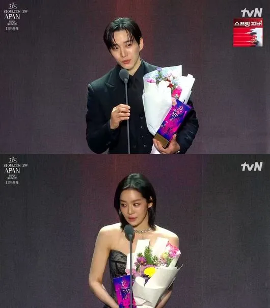 李俊昊（上图）以《台风商社》拿下中篇电视剧最佳男演员奖，车珠英凭《元敬》夺中篇电视剧最佳女演员奖。翻摄tvN