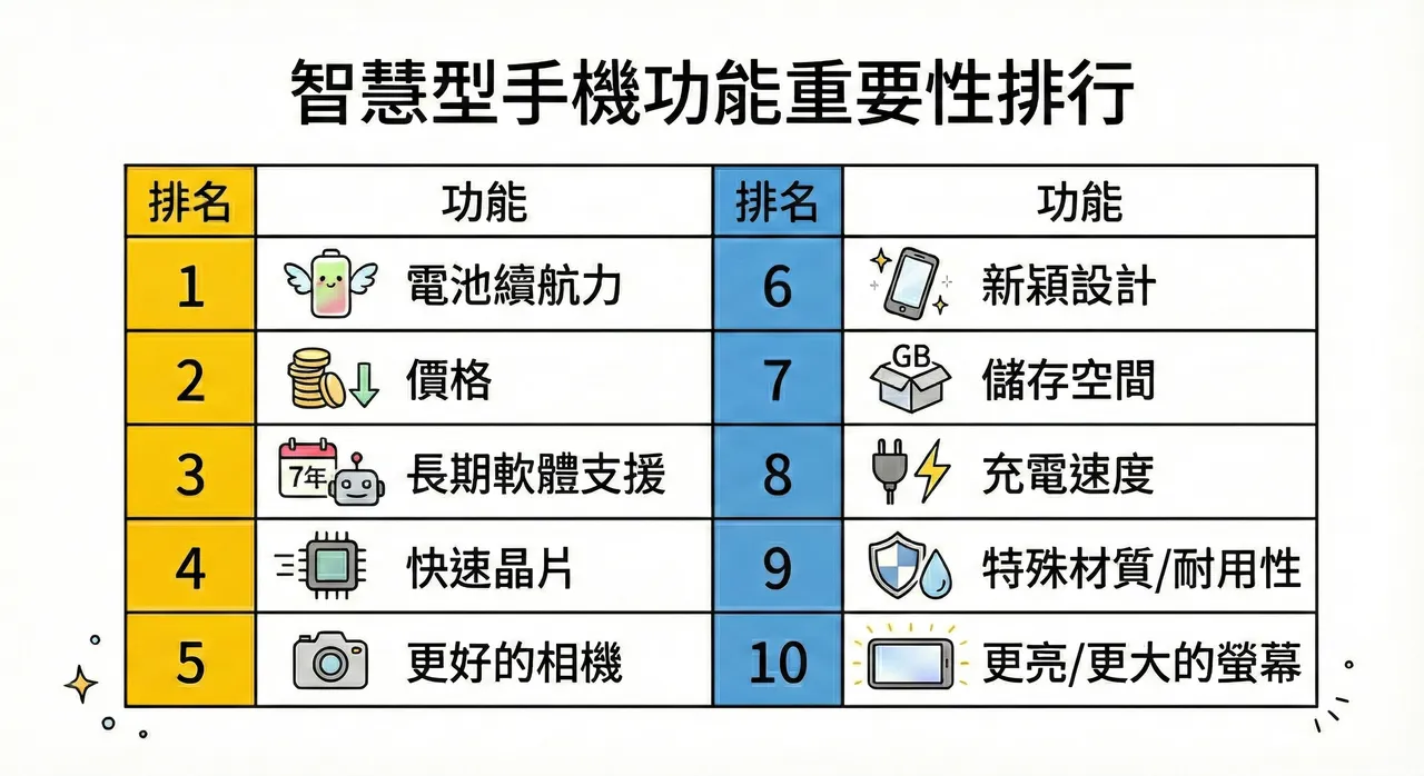 手機功能重要性最新排行榜出爐，續航奪冠、價格第二，相機掉到第五名，反映消費者選手機的優先順序已大幅改變。資料來源：PhoneArena、AI製圖。