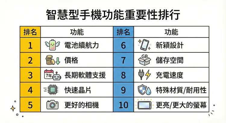 手機功能重要性最新排行榜出爐，續航奪冠、價格第二，相機掉到第五名，反映消費者選手機的優先順序已大幅改變。資料來源：PhoneArena、AI製圖