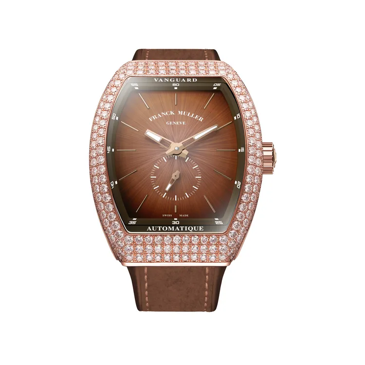 王齊麟當天佩戴的Franck Muller Vanguard Sfumato Slim 玫瑰金鑲鑽腕錶。品牌提供