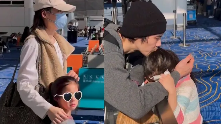向佐女兒看到他即將登機，扁嘴快哭出來，之後投入他的懷抱大哭，他揪心地親親女兒。翻攝艾瑪課代表微博