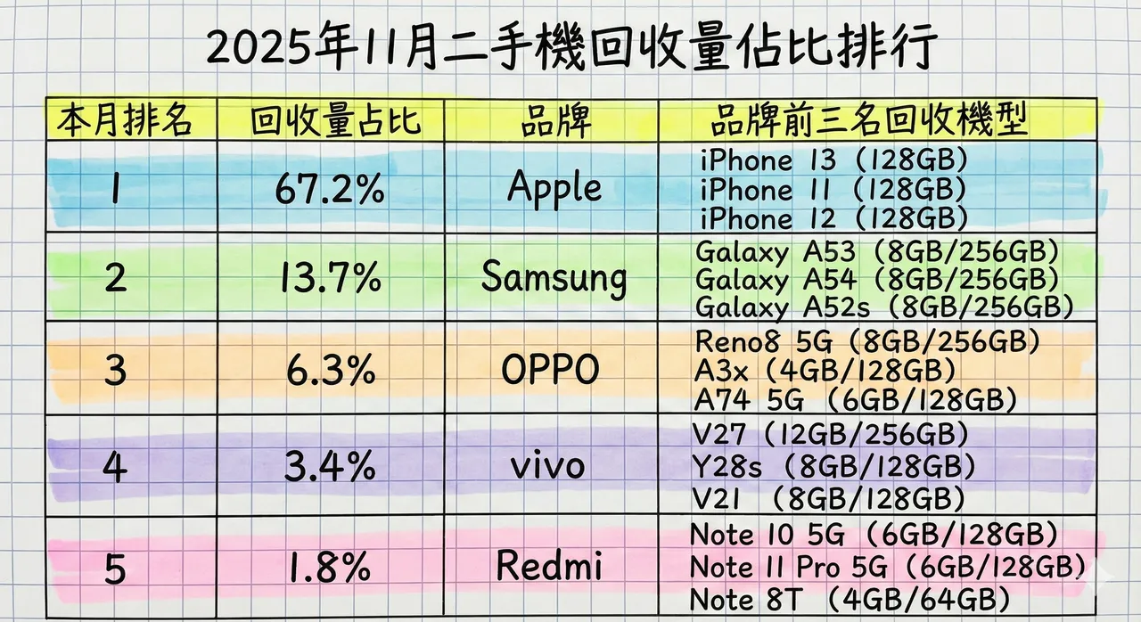 杰升通信统计2025年11月门市旧机回收占比，苹果以67.2%稳居第一，三星居次，前两大品牌合计占比超过8成，显示旧机回收市场高度集中于少数品牌。杰升通信调查、AI制图