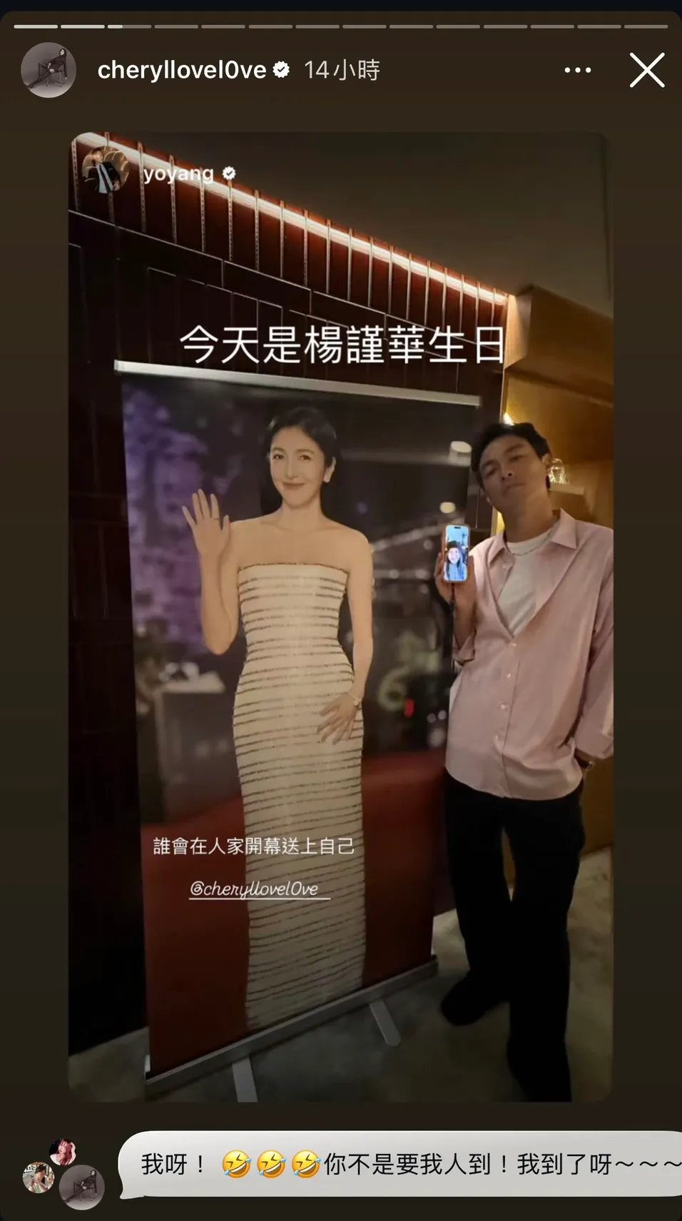 杨祐宁无奈和杨谨华易拉展拍照。翻摄自杨祐宁IG