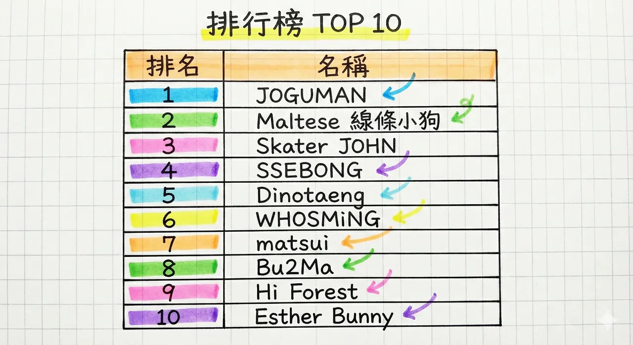 2025手机壳艺术家系列年度排行榜出炉，JOGUMAN夺下人气冠军，Maltese线条小狗、Skater JOHN紧追在后，疗愈系与街头风格成为今年消费者最爱。CASETiFY提供，AI制表