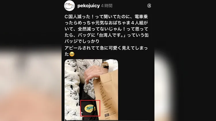 日本網友分享在電車上看到別著台灣人徽章的大媽。翻攝自Threads