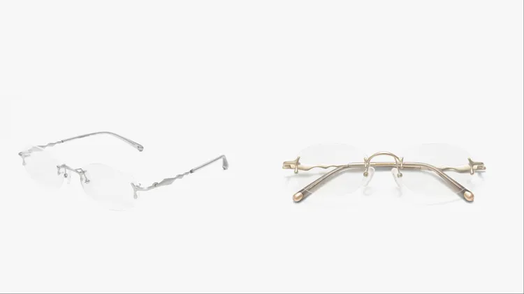 「無框眼鏡」則以融化的金屬為靈感，鏡腳末端呈現如液態般滑落的形態張力。品牌提供