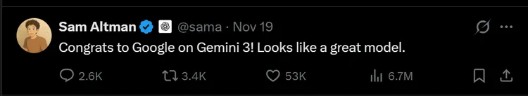 奧特曼稱讚Gemini新模型。X