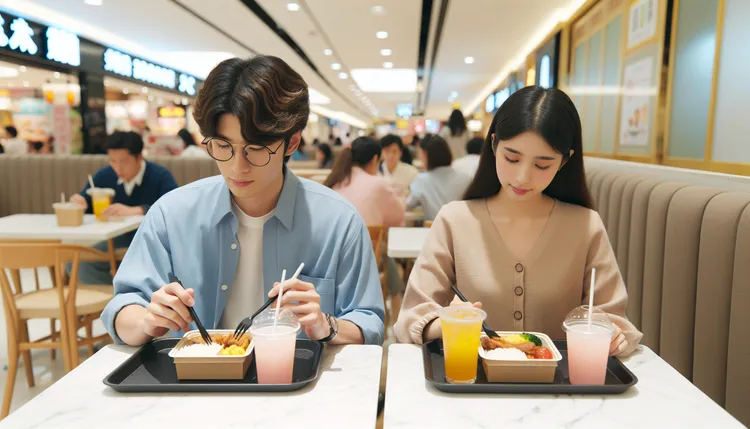 男子抱怨虽是请客，但无法接受女友在百货公司美食街点了近500元的套餐。AI示意生成图
