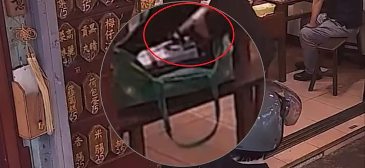 黑衣男到小吃店吃黑輪，背包掉在地上竟掉出1把槍，把現場店員、顧客嚇了一跳。翻攝Threads/luzonglun_