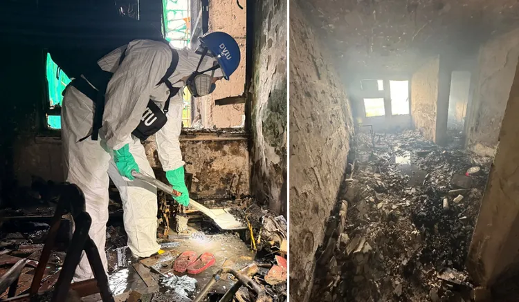 香港警消在火場的灰燼中用鏟子尋找遺骸。翻攝FB/香港警察Hong Kong Police