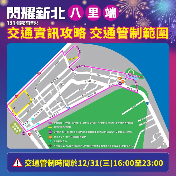 配合「閃耀新北1314跨河煙火」活動，八里端於12月31日下午4點至晚間11點實施交通管制。文化局提供