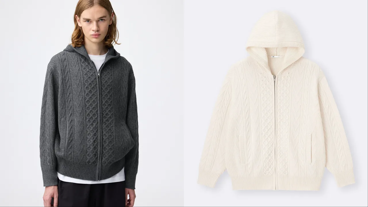 GU男装麻花针织连帽拉链外套，各1290元。品牌提供