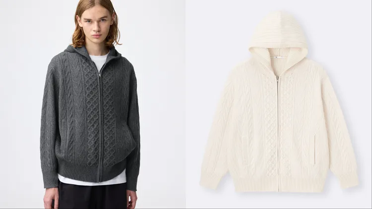 GU男裝麻花針織連帽拉鍊外套，各1290元。品牌提供