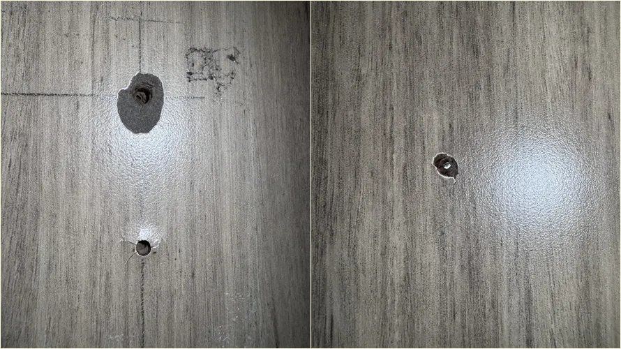 女网友发现更衣室墙面上有小洞，里面更有小孔，担心是被装针孔摄影机。翻摄自当事人threads