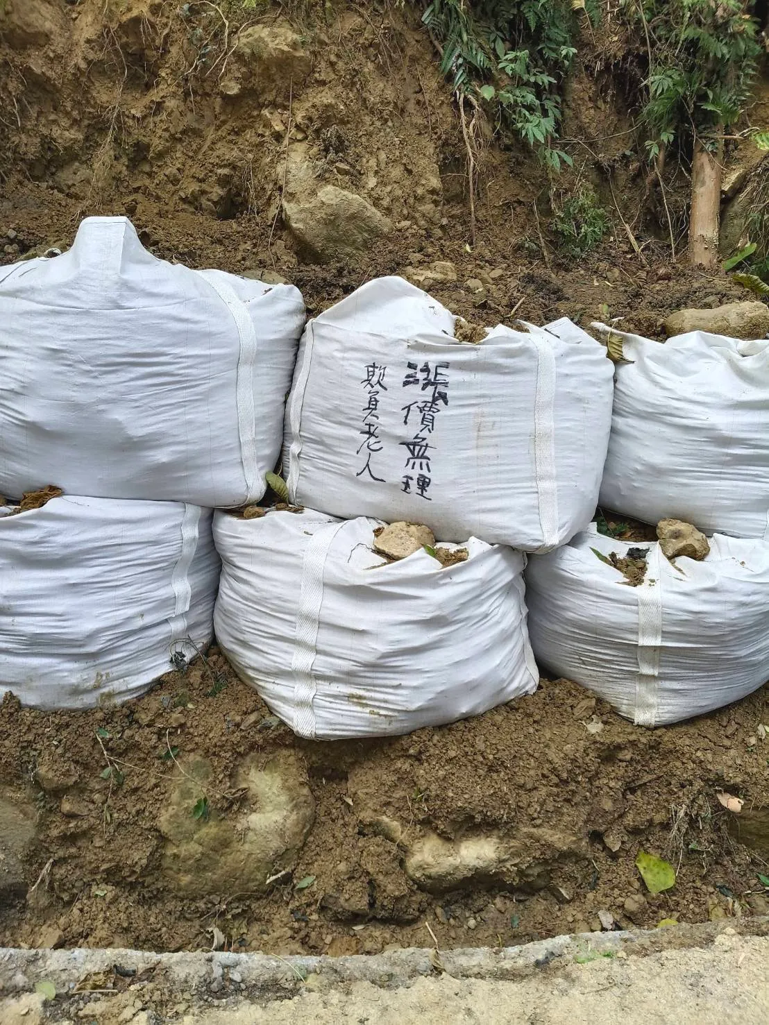 裝土方的帆布袋也被寫字。溪頭自然教育園區提供