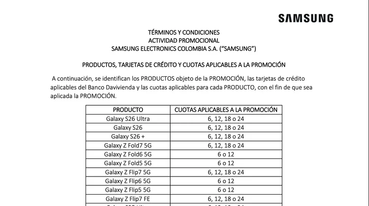 三星哥倫比亞官網公布的0%利率促銷條款文件中，產品清單明確列出Galaxy S26、S26+與S26 Ultra三款新機名稱。三星哥倫比亞官網促銷條款文件