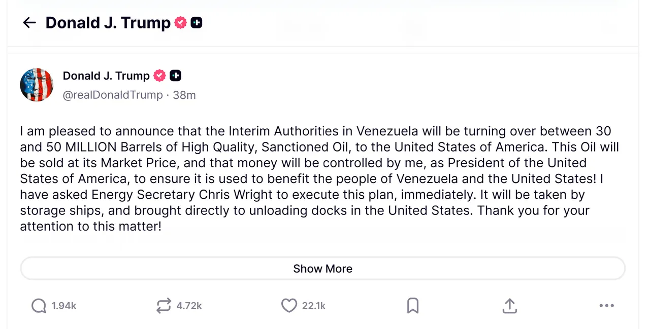 川普发文，委内瑞拉将交出5000万桶石油给美国。翻摄TruthSocial@DonaldTrump