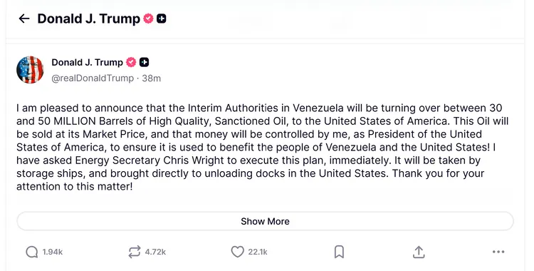 川普發文，委內瑞拉將交出5000萬桶石油給美國。翻攝TruthSocial@DonaldTrump