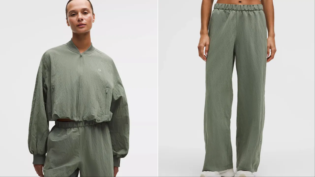lululemon皺褶紋理尼龍運動外套Wordmark（左）5280元、皺褶紋理尼龍中腰運動長褲（右）5280元。品牌提供