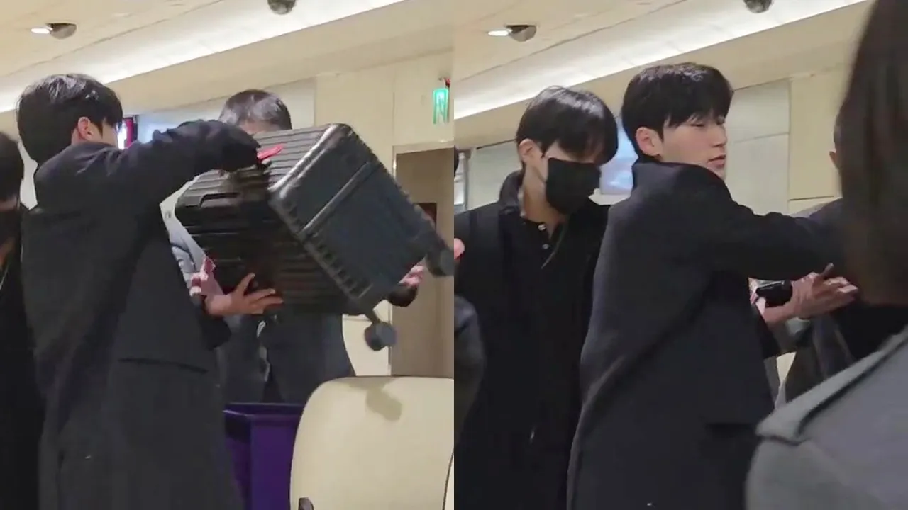 ATEEZ成员崔伞主动把行李搬上高尔夫球车，十分贴心。桃园国际机场记者联谊会提供