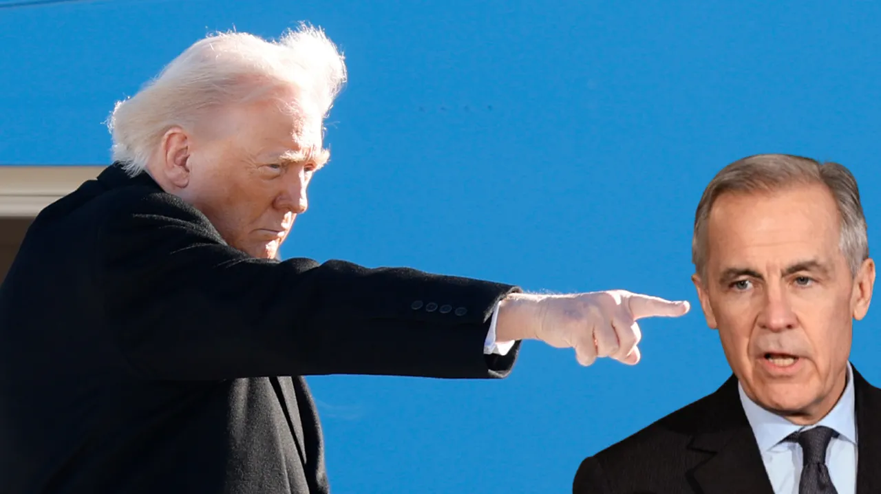 美國總統川普（左）對加拿大總理卡尼與中國的貿易協議極端震怒。合成畫面。美聯社