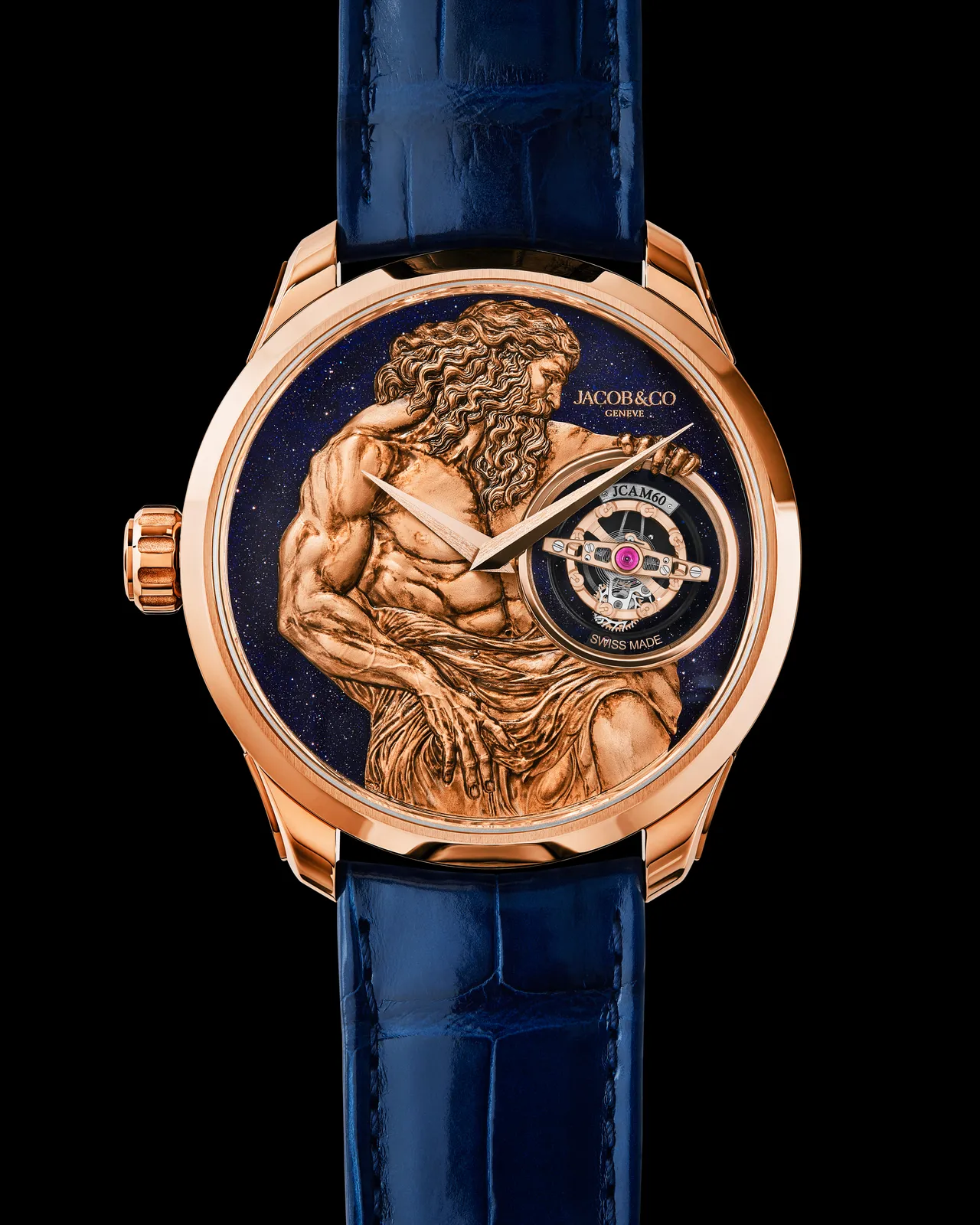 Jacob & Co. God of Time陀飛輪腕錶，44.5mm，18K玫瑰金錶殼，藍色砂金錶盤，藍色鱷魚皮錶帶，Jacob & Co 獨家手動上鍊機芯 JCAM60，動力儲存60小時，防水深度30米，全球限量60只，1270萬元。品牌提供