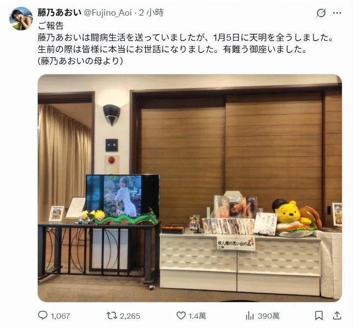 藤乃葵妈妈发文表示女儿于1月5日过世。翻摄X