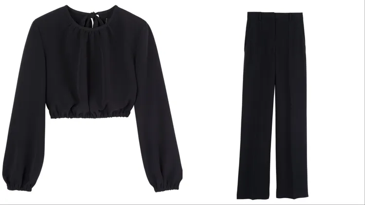 Longchamp 2026春季系列黑色短身上衣（左）1萬9000元、黑色長褲（右）2萬4900元。品牌提供