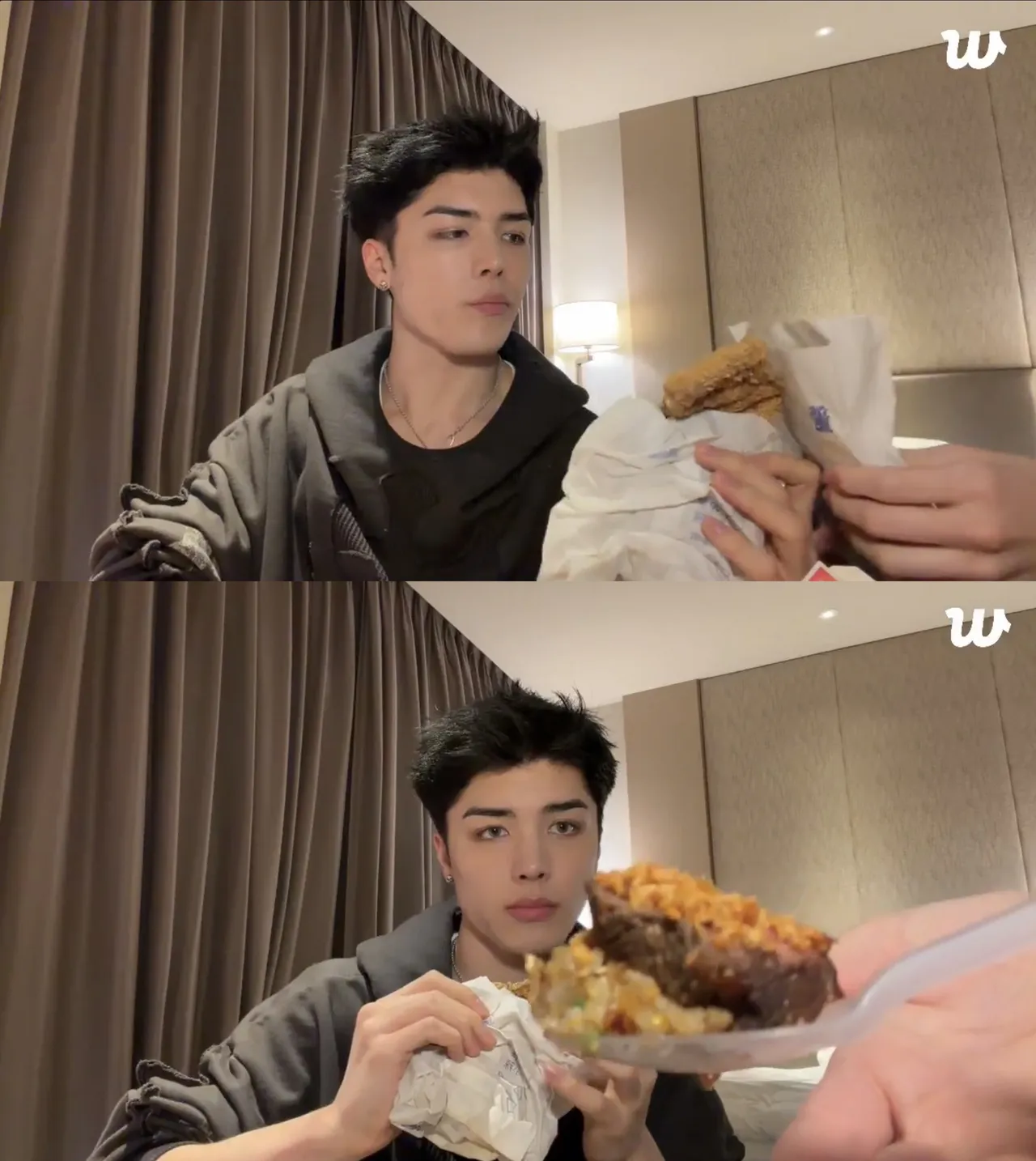 MAKI和只有手入鏡的YUMA昨天彩排完後，吃雞排和炒飯。翻攝Weverse