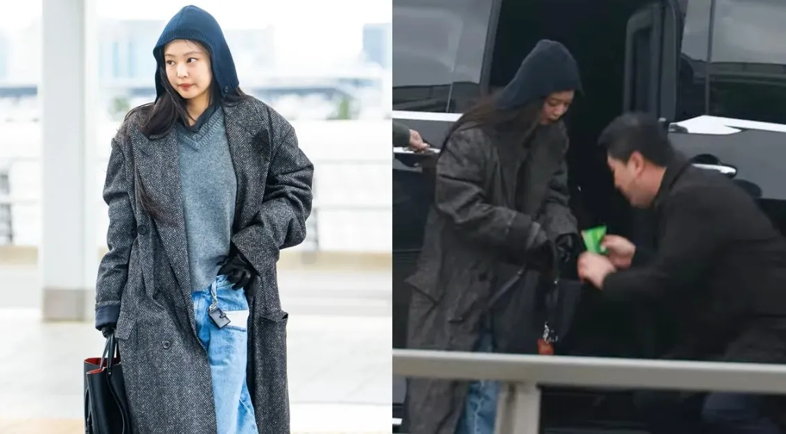 Jennie戴著毛帽来台，下保母车东西掉出来。翻摄OSEN、YouTube
