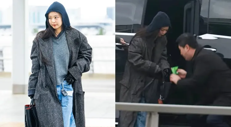Jennie戴著毛帽來台，下保母車東西掉出來。翻攝OSEN、YouTube