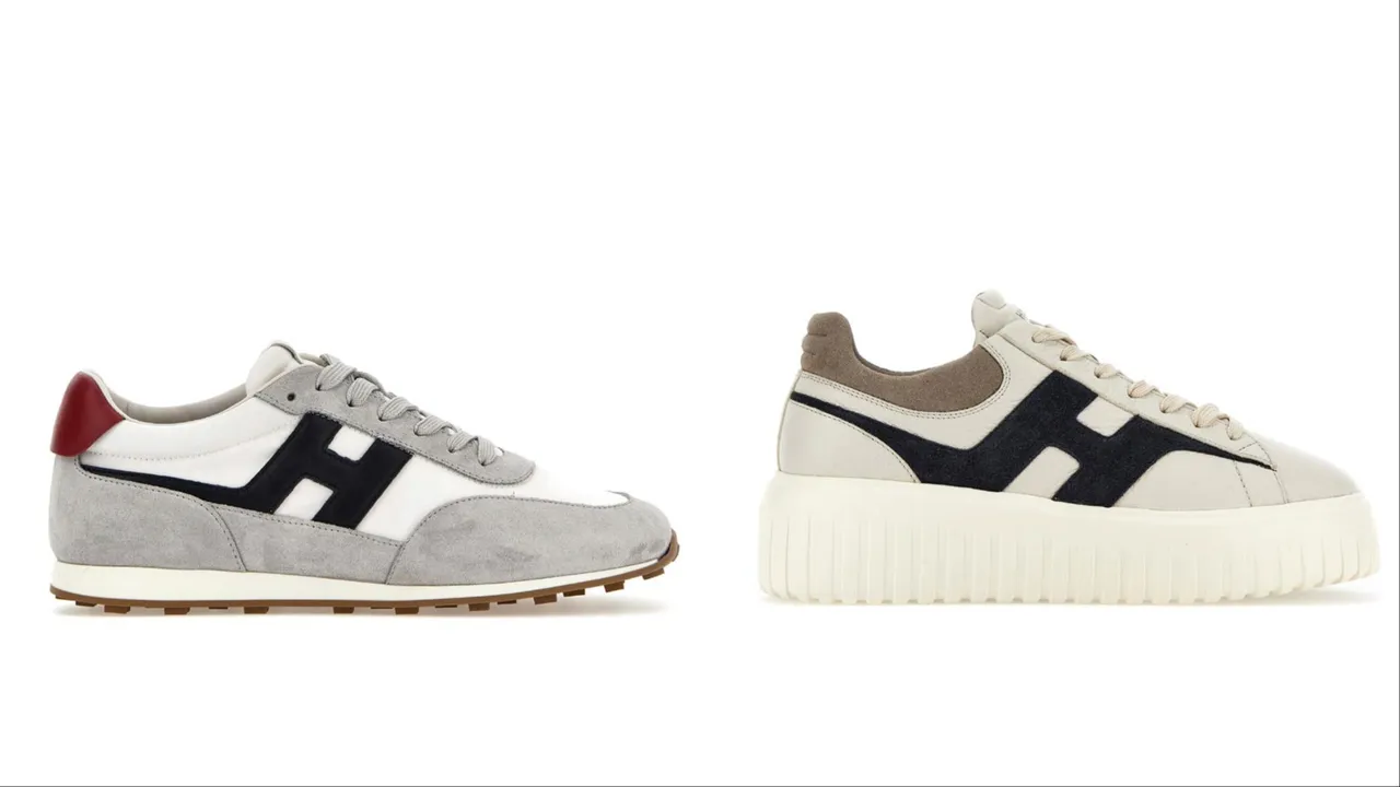 HOGAN Athletic男款休閒鞋（左）1萬8600元、H-Stripes男款休閒鞋（右）2萬1800元。品牌提供