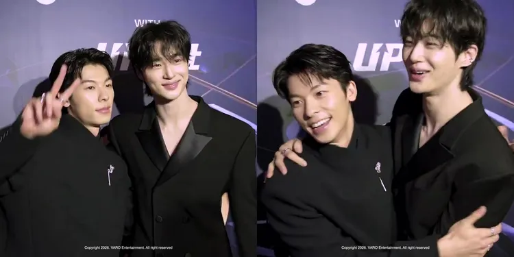 邊佑錫金唱片後台同框許光漢，生日都是10月31日的雙帥相見歡。翻攝VARO娛樂X