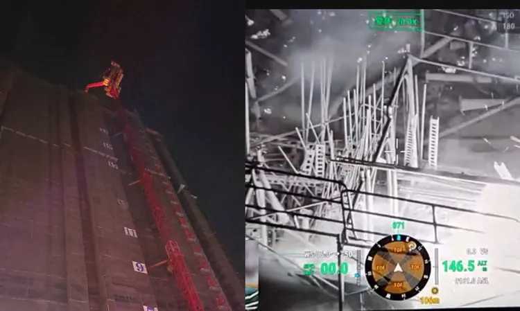 起火點位於26層樓高，約有80公尺，雲梯車力有未逮，只能靠著人力往上爬拉水線灌救。民眾提供