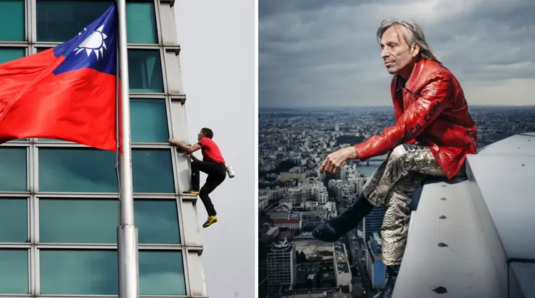 法國蜘蛛人誇獎霍諾德攻頂台北101。合成圖／美聯社、X