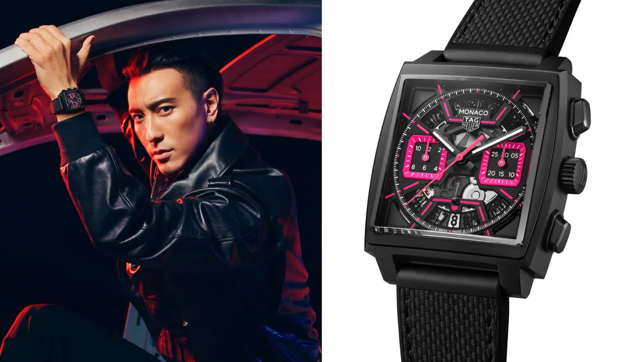 TAG Heuer Monaco鏤空計時腕錶粉紅款，37萬6500元。品牌提供
