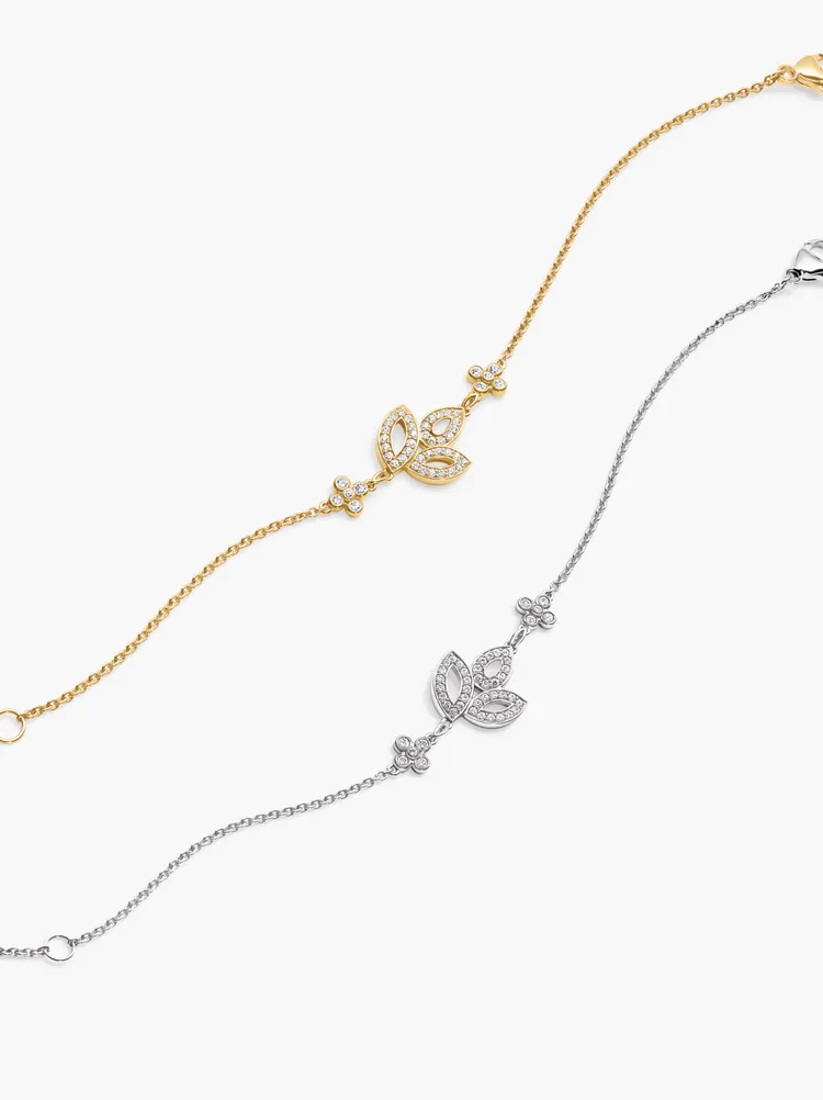 海瑞溫斯頓Lily Cluster系列小型鉑金鑽石手鍊及小型18K黃金鑽石手鍊。品牌提供