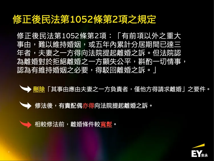 民法放寬裁判離婚要件。安永提供